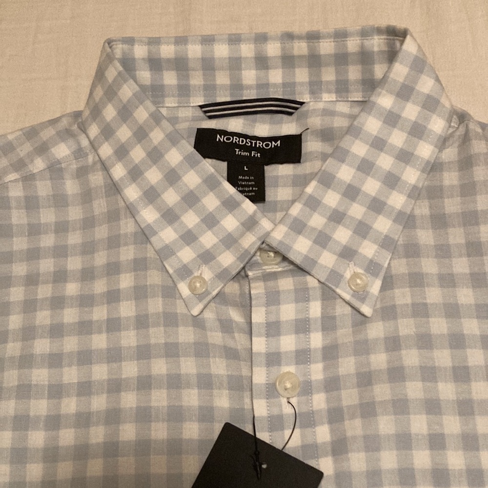 Nordstrom light bl & wht gingham long sl, Lg, 57% cotton, 41% linen, 2% spandex